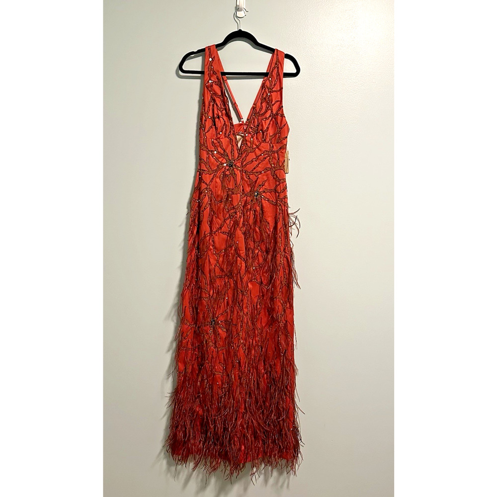Red Beaded & Feather Maxi Dress - Elegant Evening Gown